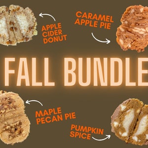 May include: Fall Bundle of four cookie dough flavours: Apple Cider Donut, Caramel Apple Pie, Maple Pecan Pie, and Pumpkin Spice. Each cookie dough is split in half to show the inside.
