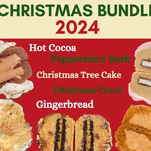 May include: A selection of Christmas-themed cookie doughs, including Hot Cocoa, Peppermint Bark, Christmas Tree Cake, Christmas Crack, and Gingerbread. Each dough is shown in a halved cookie form, revealing the inside.