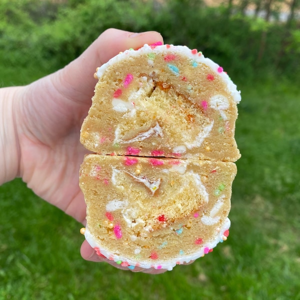 Thick Stuffed Gourmet Style Chunky Birthday Cake Cookie Recipe. New York Style Cookie. Gourmet Stuffed Cookie. Birthday Cake. Recipe.