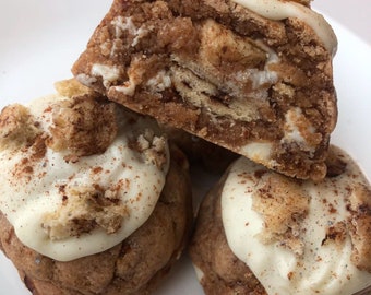 Gourmet Stuffed Cinnamon Roll Cookie RECIPE, Thick Chunky New York Style Cookies. Drop Cookies. Gourmet Cookie Recipe.