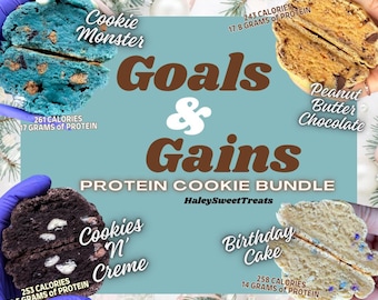 May include: A protein cookie bundle with four different flavors: Cookie Monster, Peanut Butter Chocolate, Cookies 'N' Creme, and Birthday Cake. Each cookie is cut in half, revealing the interior. The text "Goals & Gains" is displayed in the center.