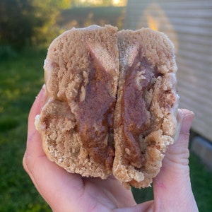 May include: A close-up of a split cookie with a brown filling and a white glaze. The cookie is held in a hand.
