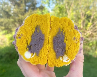 Recept voor dik gevulde gastronomische citroen-bosbessen. Koekje in New Yorkse stijl. Gastronomisch gevuld koekje. Citroen-bosbessendessert.