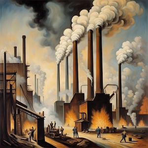 May include: A painting depicting a factory with tall chimneys emitting plumes of white smoke against a cloudy sky. The factory is surrounded by buildings and workers in the foreground. The scene is painted in a realistic style with a focus on the industrial setting.