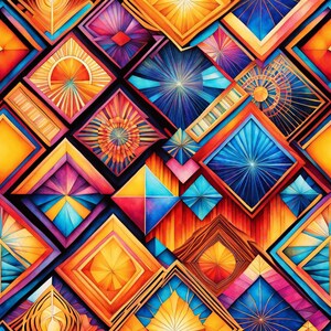 May include: Abstract geometric pattern with a repeating design of colorful squares and diamonds. The pattern features shades of blue, orange, yellow, red, and purple.
