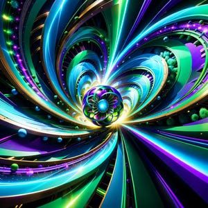 May include: Abstract digital artwork featuring a swirling, multi-coloured pattern with a central sphere. The colours are vibrant and include shades of blue, green, purple, and gold. The sphere has a flower-like design and is surrounded by a vortex of light.