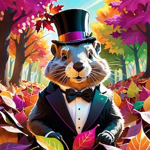 Peut inclure: Illustration d'une marmotte portant un chapeau haut de forme noir, un smoking et un nœud papillon, entourée de feuilles d'automne colorées. La marmotte sourit, avec un arrière-plan de forêt aux arbres aux feuilles rouges, oranges et jaunes.