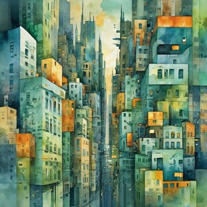 Könnte beinhalten: Ein Aquarellbild einer Stadtlandschaft mit hohen Gebäuden in Grün-, Blau- und Gelbtönen. Die Gebäude sind übereinander gestapelt und erzeugen so ein Gefühl von Tiefe und Dichte. Der Himmel ist hellblau mit einem Hauch von Gelb.