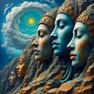 May include: Four carved stone faces with intricate details, set against a blue sky with swirling clouds. The faces are painted in shades of blue, green, and gold, with each face having a unique expression.