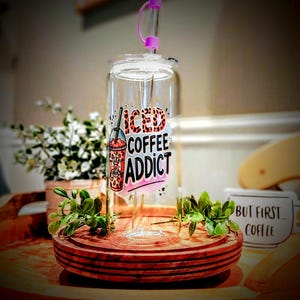Personalized Can-Shaped Glass Tumbler: Iced Coffee Cup with Lid & Straw