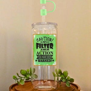 Personalized Iced Coffee Glass Tumbler: Funny Filter Design with Lid & Straw