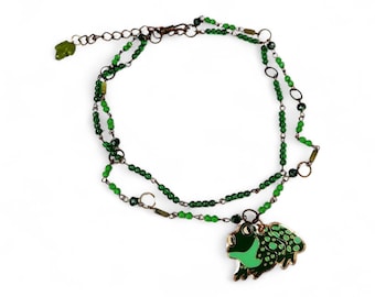 Green Glass Beaded Choker with Frog Charm 'Frank the Frog'