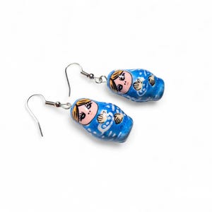 Baby Blue Dangle Russian Doll Hand Painted Hook Earrings