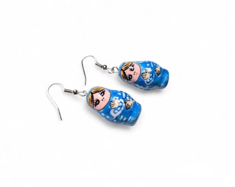 Baby Blue Dangle Russian Doll Hand Painted Hook Earrings