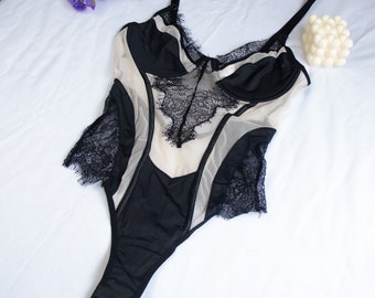 Black lingerie bodysuit, Women lingerie embroidery, Black classic lingerie, Gift for her, Anniversary gift for women