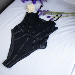 Black lingerie bodysuit, Women lingerie embroidery, Black classic lingerie, Gift for her, Anniversary gift for women zdjęcie 1