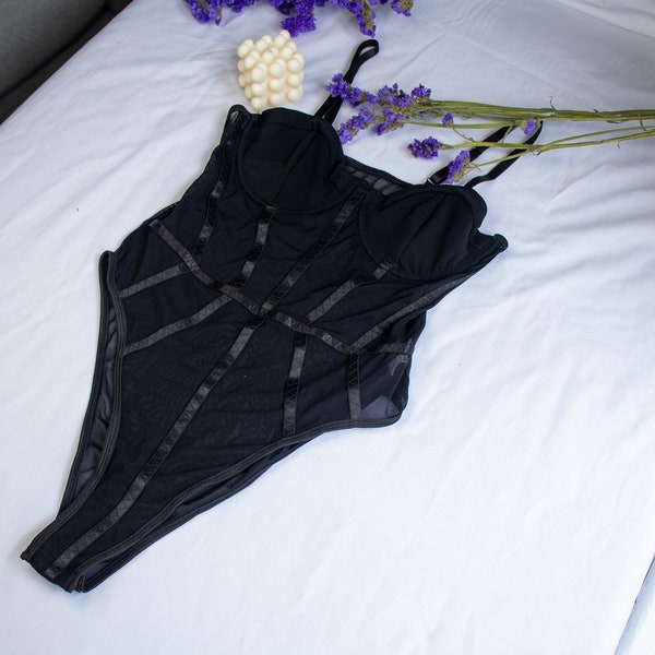 Black lingerie bodysuit, Women lingerie embroidery, Black classic lingerie, Gift for her, Anniversary gift for women