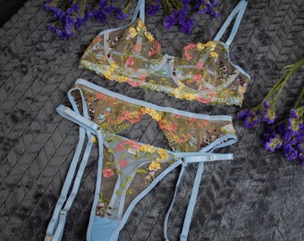 Blue lingerie set with flowers, Women lingerie flower embroidery, Blue lolita lingerie, Gift for her, Anniversary gift for women