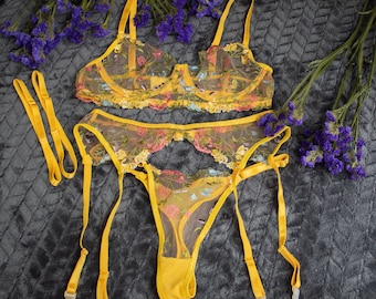 Yellow lingerie set with flowers, Yellow Women lingerie flower embroidery, lolita lingerie, Gift for her, Anniversary gift for women
