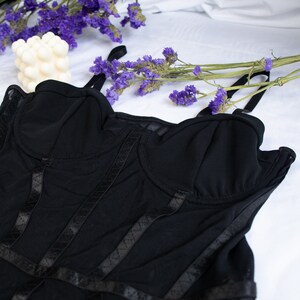 Black lingerie bodysuit, Women lingerie embroidery, Black classic lingerie, Gift for her, Anniversary gift for women zdjęcie 2