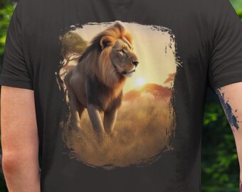 アウトドアシャツ、ネイチャーシャツ、ライオングラフィック、サファリシャツ、アドベンチャーTシャツ、サバンナシャツ、自然愛好家へのギフト、アウトドアアパレル、ギフト