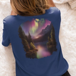 Nature T-Shirt, Forest night sky Graphic, Northern lights tee, Adventure Tee, Camping Shirt, Nature Lover Gift, Outdoorsy Apparel, Gift