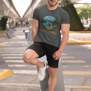 Retro Lake Tahoe Unisex Softstyle T Shirt with Sierra Nevada Mountains a Vintage Nature Tee Travel Shirt and Hiking Apparel