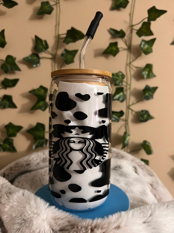 Starbucks Cowprint glass cup with straw