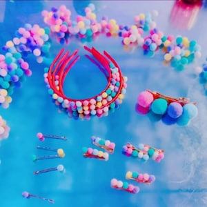 Hair Accessories|Headbands| Colorblock Pastel Pom Pom Clowncore Headband