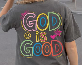 Doodle "Dios es bueno siempre", listo para imprimir, transferencia DTF religiosa cristiana, DTF con versículos bíblicos coloridos, camiseta retro de Jesús.