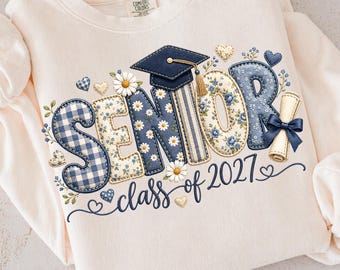 Transferencia DTF lista para planchar con efecto patchwork para la promoción de 2027, diseño de camisa de graduación floral azul, diploma de birrete de graduación.
