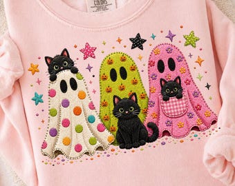 Patchwork Effect Cute Halloween Ghost Ready to Press DTF Transfer, Black Cat Patchwork Ghost DTF, Colorful Spooky Shirt Transfer