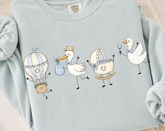 Baby Boy Stork Doodle Ready to Press DTF Transfer, Blue Baby Shower Shirt Design, New Mom Nursery Baby Announcement DTF