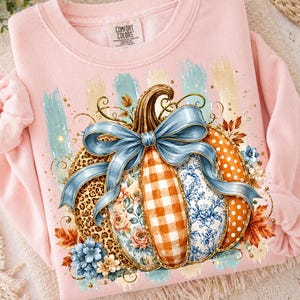 Patchwork Pumpkin Ready to Press DTF Transfer, Fall Floral Gingham Leopard Pumpkin Shirt Design, Blue Bow Autumn Iron On DTF