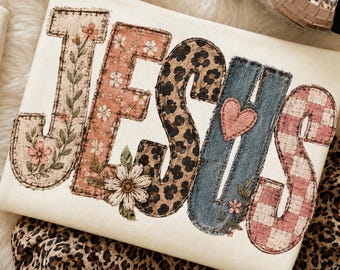 Retro Jesus Ready to Press DTF Transfer, Christian Floral Leopard Patchwork Shirt Design, Faith Heart Plaid Jesus Graphic