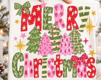 Hand-drawn Pink Merry Christmas Ready to Press DTF Transfer, Preppy Christmas Trees Bows Holiday Shirt Design