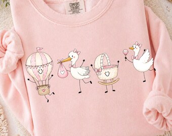 Baby Girl Stork Doodle Ready to Press DTF Transfer, Pink Baby Shower Shirt Design, New Mom Nursery Baby Announcement DTF