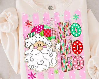 Ho Ho Ho Santa Ready to Press DTF Transfer, Colorful Christmas Santa Claus Pink Holiday Snowflake Shirt Design