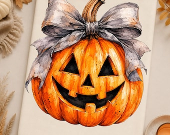 Halloween Pumpkin Bow DTF Transfer, Coquette Jack O'Lantern Heat Transfer, Watercolor Fall Pumpkin Ready To Press on Dtf