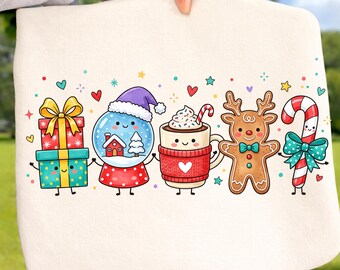 Cute Christmas Holiday Doodles Characters Ready to Press DTF Transfer, Gingerbread Candy Cane Snow Globe Hot Cocoa Holiday Shirt Design