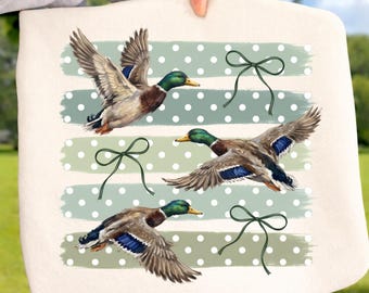Coquette Bow Mallard Duck Ready to Press DTF Transfer, Flying Duck Bow Polka Dot Shirt Design, Preppy Waterfowl Hunting Iron On