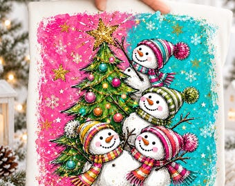 Colorful Snowman Christmas Tree Ready to Press DTF Transfer, Cute Winter Holiday Shirt Design, Snow Family Christmas DTF
