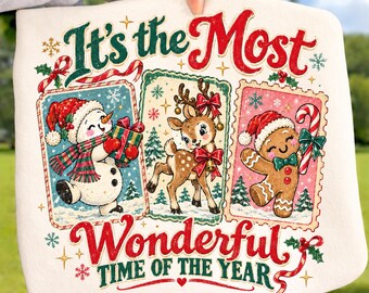 Vintage Christmas Characters Ready to Press DTF Transfer, Snowman Reindeer Gingerbread Holiday Shirt Design