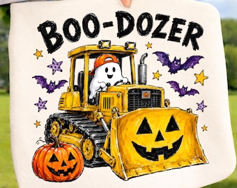 Boo Dozer Ready to Press DTF Transfer, Cute Halloween Construction Ghost Bulldozer Pumpkin Kid Shirt Design