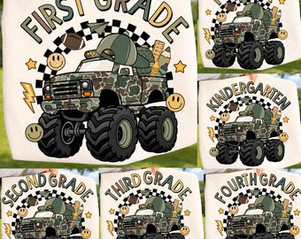 Camouflage Monster Truck  Grade Ready-to-Press DTF Transfer, Kindergarten First Grade, Back to School Dtf,  Classroom Shirt Design for Kids