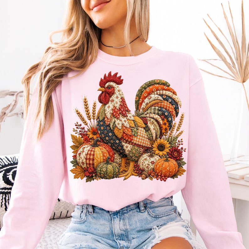 May include: A light pink long-sleeve sweatshirt featuring a central graphic of a rooster composed of various colorful fabric patterns. The rooster is surrounded by pumpkins, sunflowers, wheat stalks, and autumn leaves in shades of orange, green, and brown.