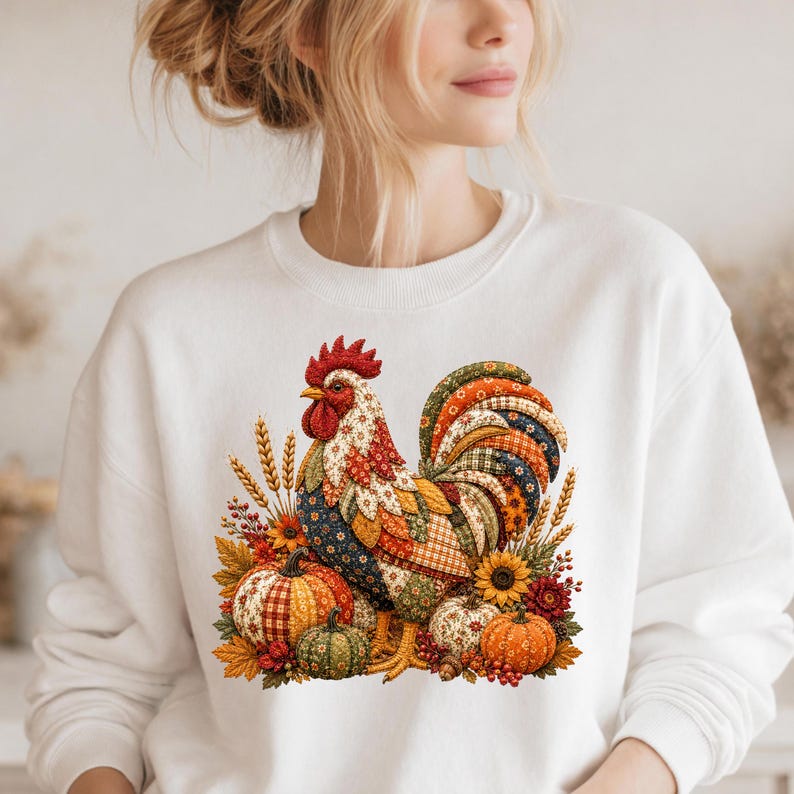 May include: A white crewneck sweatshirt featuring a colorful graphic of a rooster composed of various patterned fabric patches. The rooster is surrounded by autumn-themed elements including pumpkins, wheat stalks, sunflowers, and fall foliage.