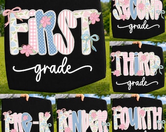 Pearl Girly Kindergarten First Second Third Fourth Grade DTF, Teacher Grade Level Shirt Design, Back to School  Iron On Graphics