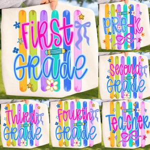 Striped First Grade DTF Transfer, Pre-K Kindergarten Teacher, Back To School Ready To Press DTF, First Grade, Second Grade, Third Grade