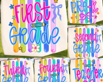 Striped First Grade DTF Transfer, Pre-K Kindergarten Teacher, Back To School Ready To Press DTF, First Grade, Second Grade, Third Grade